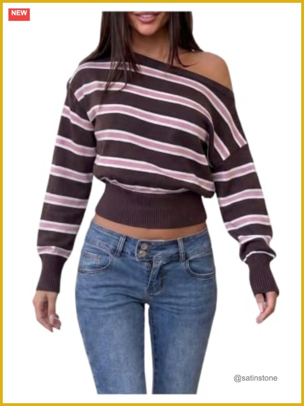 Striped Off Shoulder Knit Sweater Cinched Waist Pullover